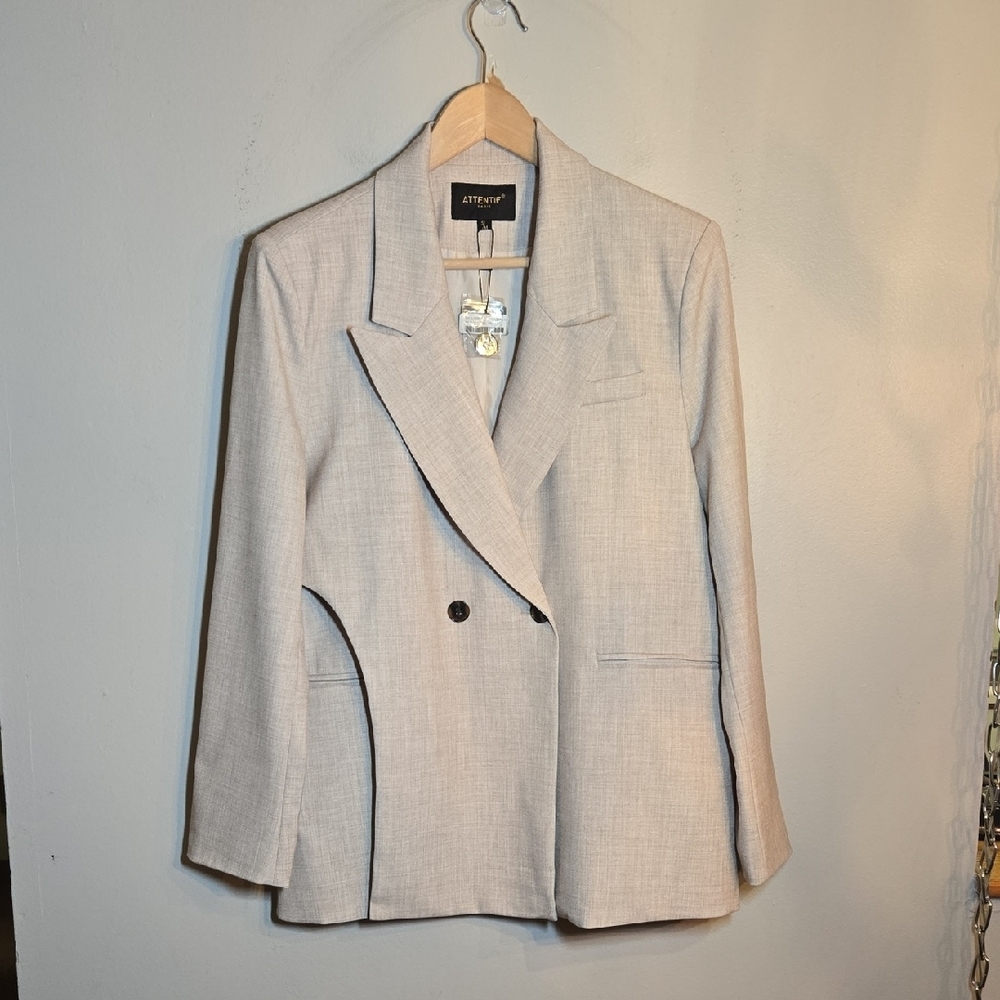 Attentif Paris Bae Viscose Lined Double Breasted Taupe Blazer NWT